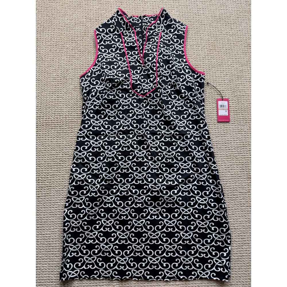 Vince Camuto Sleeveless Shift Dress Black White Scroll Print Pink Trim Size 12
